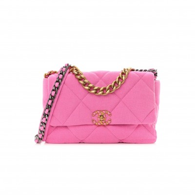 CHANEL DENIM QUILTED LARGE CHANEL 19 FLAP NEON PINK GOLD HARDWARE
