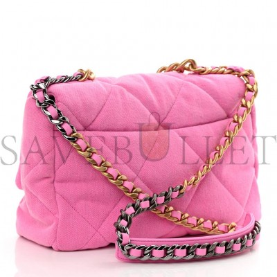 CHANEL DENIM QUILTED LARGE CHANEL 19 FLAP NEON PINK GOLD HARDWARE