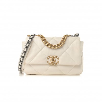 CHANEL GOATSKIN QUILTED MEDIUM CHANEL 19 FLAP WHITE GOLD HARDWARE