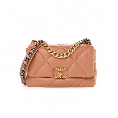 CHANEL LAMBSKIN QUILTED MEDIUM CHANEL 19 FLAP LIGHT BROWN GOLD HARDWARE