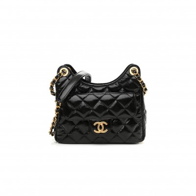 CHANEL SHINY CRUMPLED CALFSKIN QUILTED SMALL HOBO BLACK