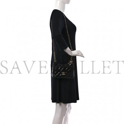 CHANEL SHINY CRUMPLED CALFSKIN QUILTED SMALL HOBO BLACK