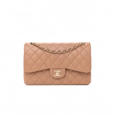 CHANEL LAMBSKIN QUILTED JUMBO DOUBLE FLAP DARK BEIGE ROSE GOLD HARDWARE