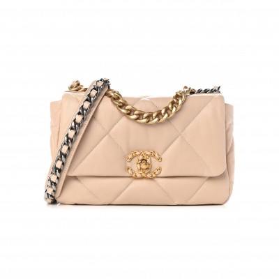 CHANEL GOATSKIN QUILTED MEDIUM CHANEL 19 FLAP LIGHT BEIGE GOLD HARDWARE