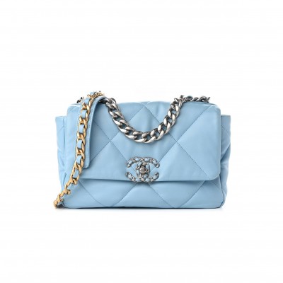 CHANEL LAMBSKIN QUILTED MEDIUM CHANEL 19 FLAP LIGHT BLUE SILVER HARDWARE