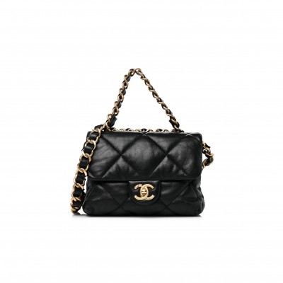 CHANEL LAMBSKIN QUILTED CHAIN TOP HANDLE FLAP BLACK GOLD HARDWARE