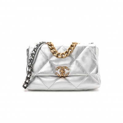 CHANEL METALLIC GOATSKIN QUILTED LARGE CHANEL 19 FLAP SILVER GOLD HARDWARE