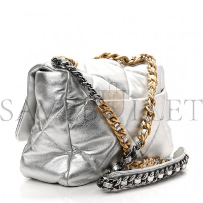 CHANEL METALLIC GOATSKIN QUILTED LARGE CHANEL 19 FLAP SILVER GOLD HARDWARE