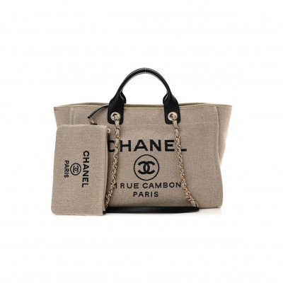 CHANEL MIXED FIBERS MEDIUM DEAUVILLE TOTE BEIGE BLACK