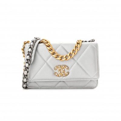 CHANEL METALLIC LAMBSKIN QUILTED CHANEL 19 WALLET ON CHAIN WOC SILVER