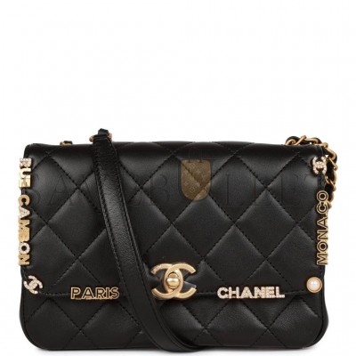 CHANEL MONACO MINI FLAP BAG BLACK LAMBSKIN ANTIQUE GOLD HARDWARE