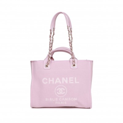CHANEL SMALL DEAUVILLE SHOPPING BAG PINK BOUCLE LIGHT GOLD HARDWARE