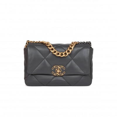 CHANEL MEDIUM 19 FLAP BAG GREY CALFSKIN MIXED HARDWARE