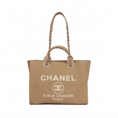 CHANEL SMALL DEAUVILLE SHOPPING BAG BEIGE BOUCLE LIGHT GOLD HARDWARE