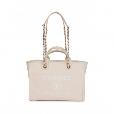 CHANEL SMALL DEAUVILLE SHOPPING BAG WHITE BOUCLE LIGHT GOLD HARDWARE
