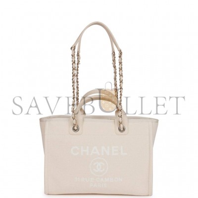 CHANEL SMALL DEAUVILLE SHOPPING BAG WHITE BOUCLE LIGHT GOLD HARDWARE