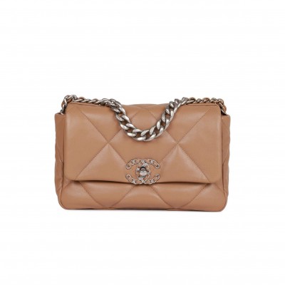 CHANEL MEDIUM 19 FLAP BAG BEIGE CALFSKIN MIXED HARDWARE