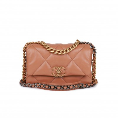 CHANEL MEDIUM 19 FLAP BAG CARAMEL CALFSKIN MIXED HARDWARE