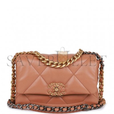 CHANEL MEDIUM 19 FLAP BAG CARAMEL CALFSKIN MIXED HARDWARE