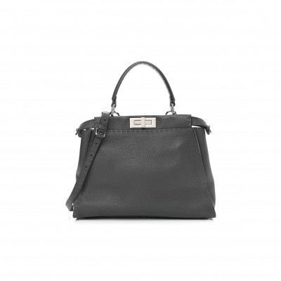FENDI CUOIO ROMANO SELLERIA BI-COLOR MEDIUM PEEKABOO ICONIC SATCHEL ASFALTO LATTE