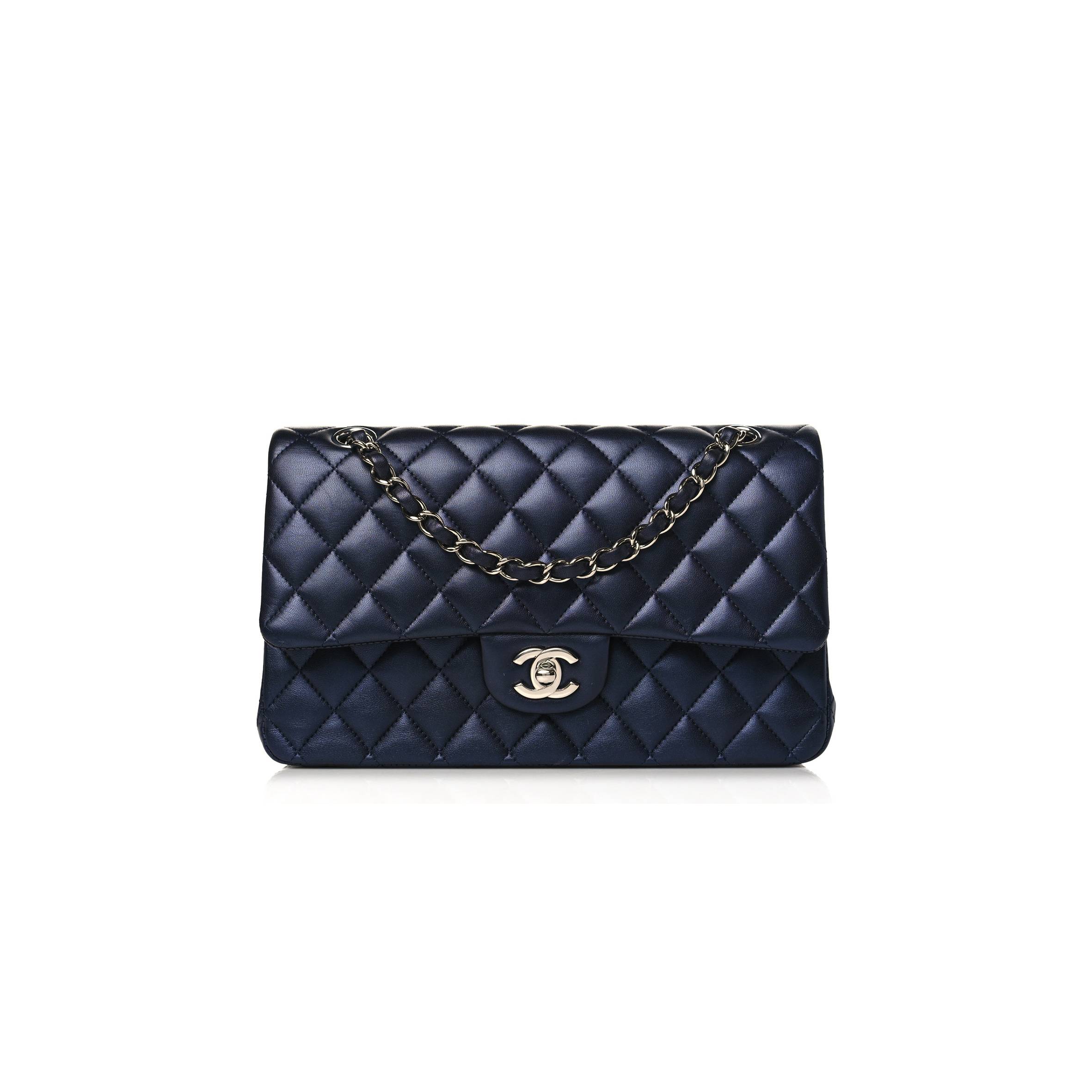 CHANEL IRIDESCENT CALFSKIN QUILTED MEDIUM DOUBLE FLAP NAVY
