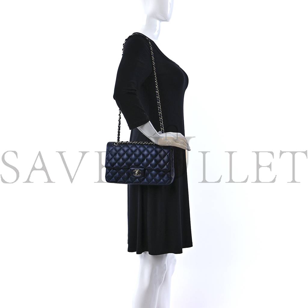 CHANEL IRIDESCENT CALFSKIN QUILTED MEDIUM DOUBLE FLAP NAVY