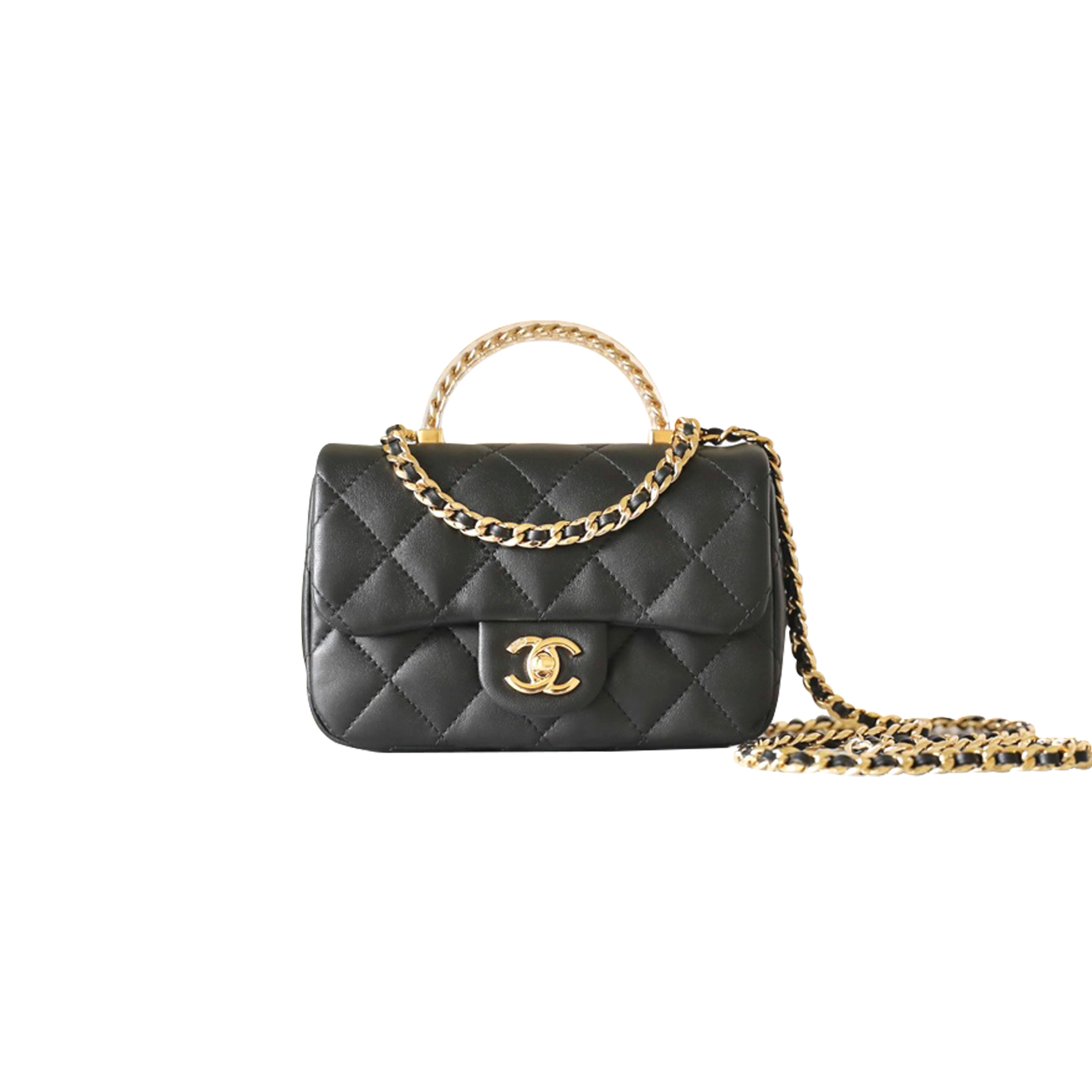 CHANEL MASTER MINI MATELASSE LAMBSKIN 2WAY SHOULDER BAG TOP HANDLE BLACK GOLD METAL AS4848