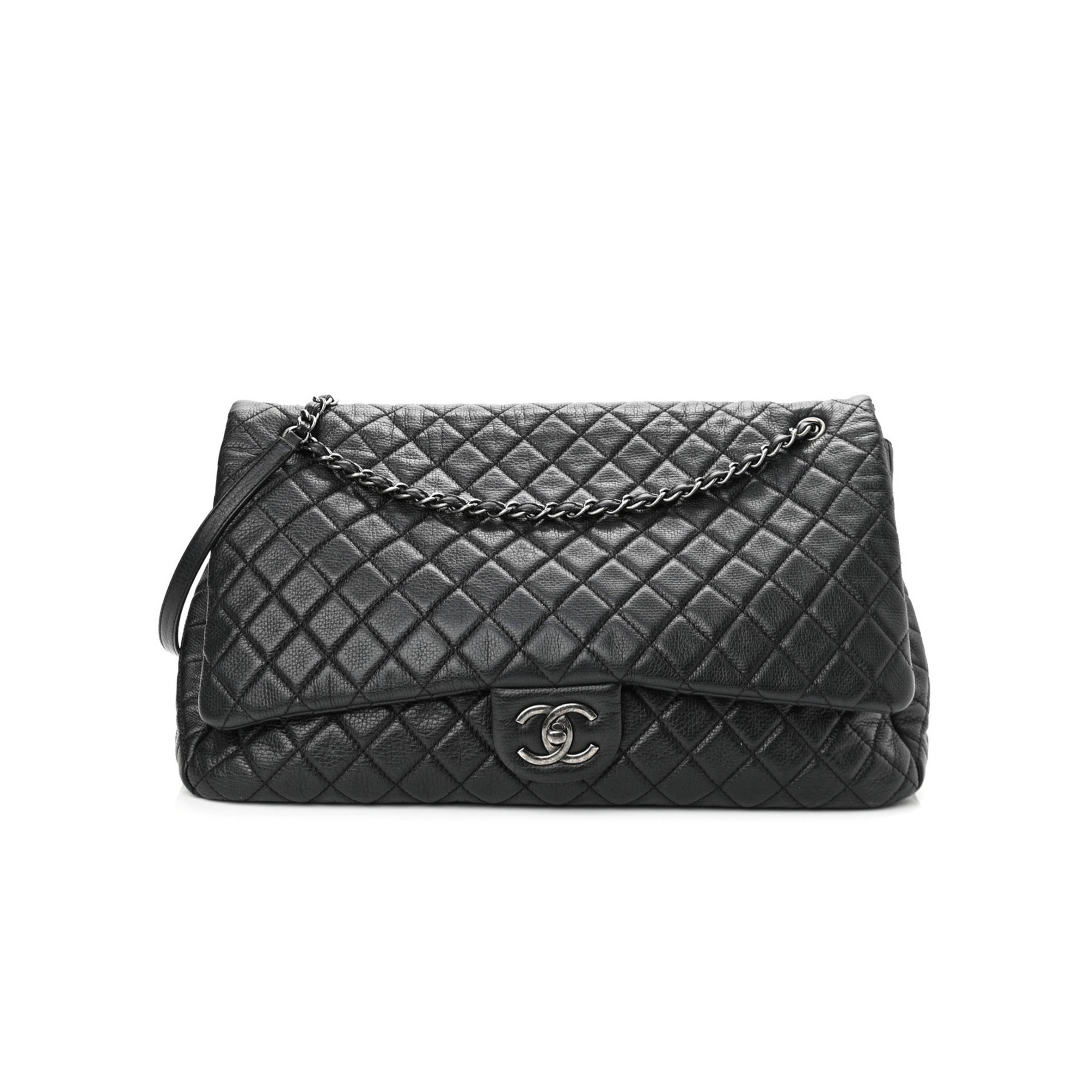 CHANEL CALFSKIN QUILTED XXL TRAVEL FLAP BAG BLACK SILVER HARDWARE CHANEL CALFSKIN QUILTED XXL TRAVEL FLAP BAG BLACK SILVER HARDWARE