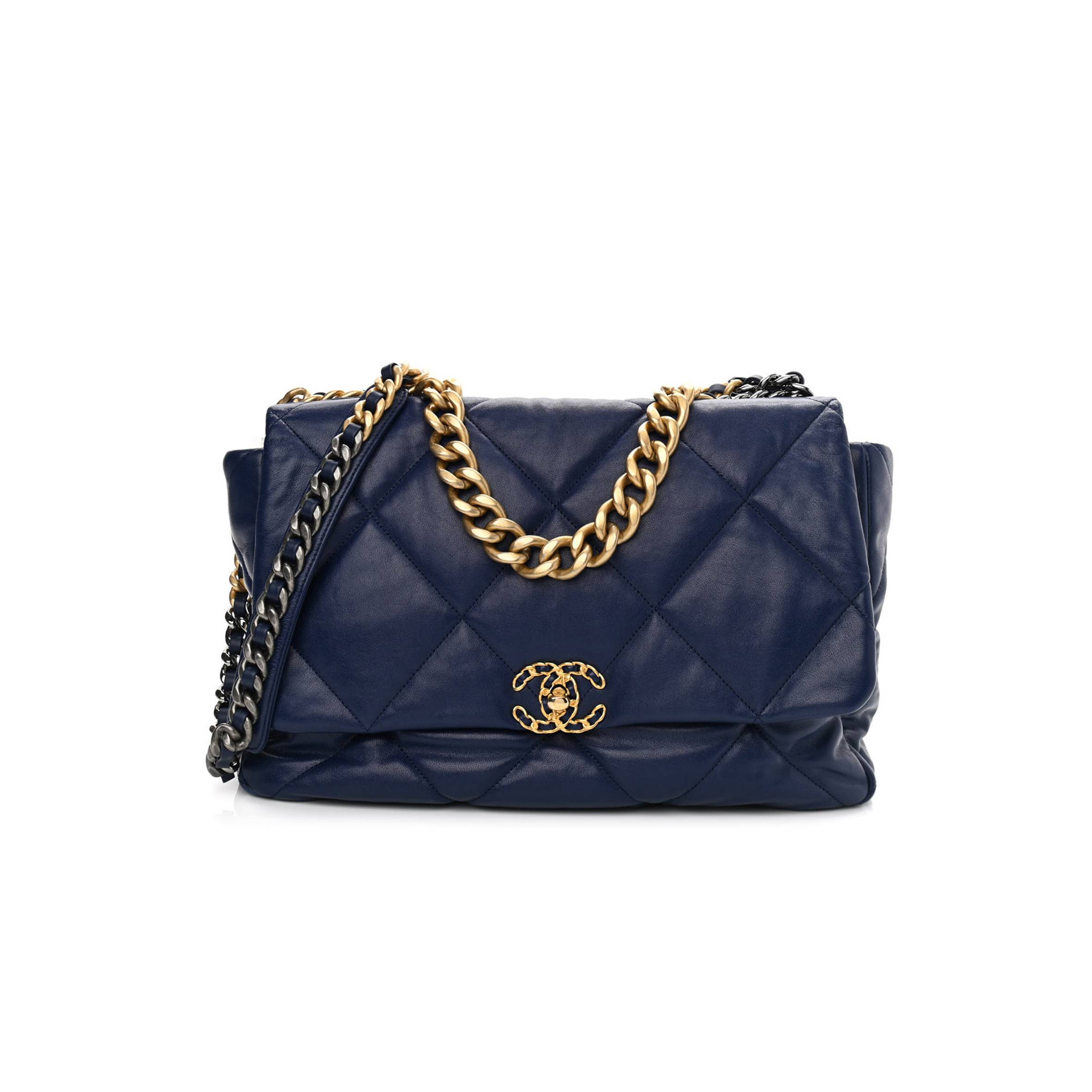 CHANEL GOATSKIN QUILTED MAXI CHANEL 19 FLAP BLUE GOLD HARDWARE CHANEL GOATSKIN QUILTED MAXI CHANEL 19 FLAP BLUE GOLD HARDWARE