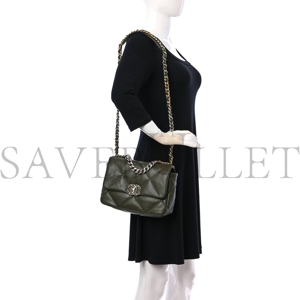 CHANEL LAMBSKIN QUILTED MEDIUM CHANEL 19 FLAP KHAKI SILVER HARDWARE CHANEL LAMBSKIN QUILTED MEDIUM CHANEL 19 FLAP KHAKI SILVER HARDWARE