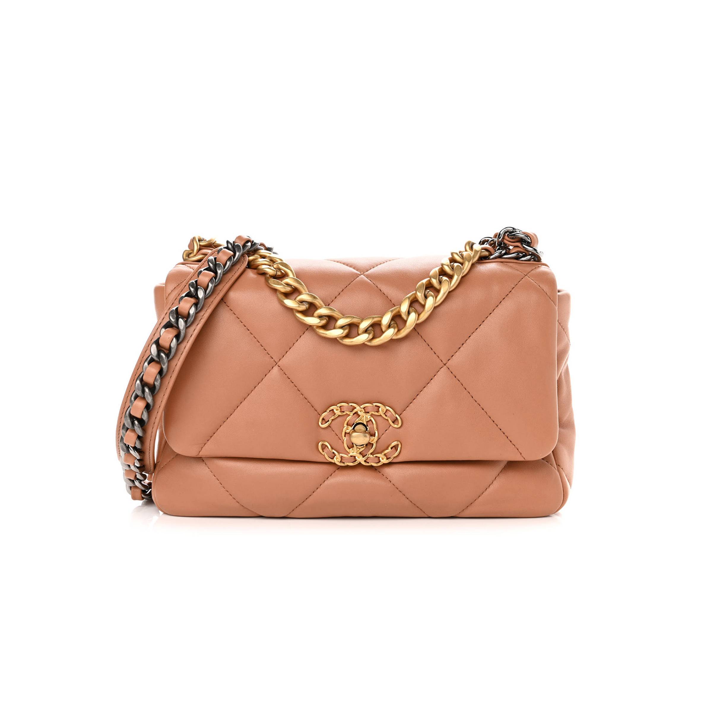 CHANEL LAMBSKIN QUILTED MEDIUM CHANEL 19 FLAP LIGHT BROWN GOLD HARDWARE CHANEL LAMBSKIN QUILTED MEDIUM CHANEL 19 FLAP LIGHT BROWN GOLD HARDWARE