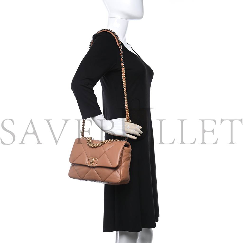 CHANEL LAMBSKIN QUILTED MEDIUM CHANEL 19 FLAP LIGHT BROWN GOLD HARDWARE CHANEL LAMBSKIN QUILTED MEDIUM CHANEL 19 FLAP LIGHT BROWN GOLD HARDWARE