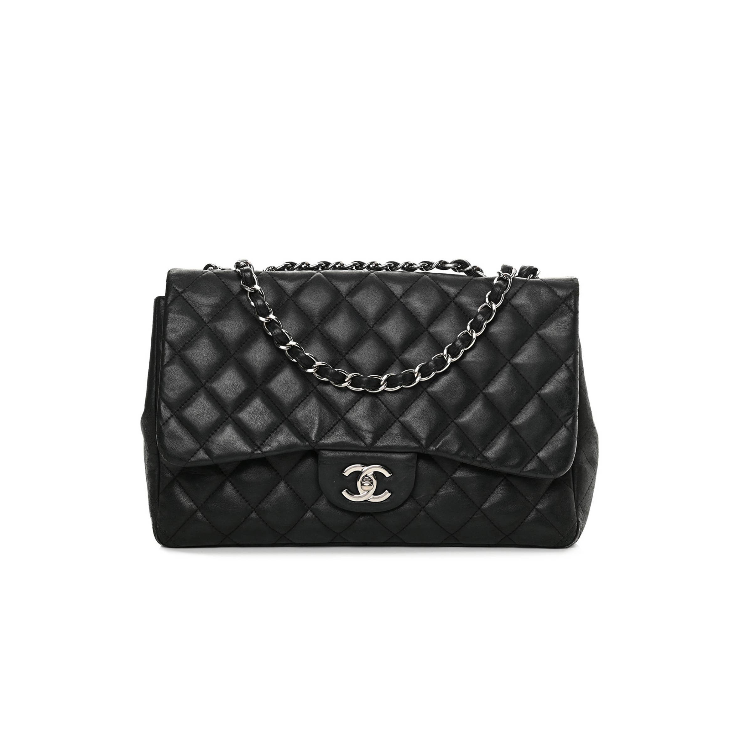 CHANEL LAMBSKIN QUILTED JUMBO SINGLE FLAP BLACK SILVER HARDWARE CHANEL LAMBSKIN QUILTED JUMBO SINGLE FLAP BLACK SILVER HARDWARE