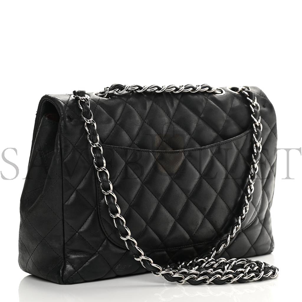 CHANEL LAMBSKIN QUILTED JUMBO SINGLE FLAP BLACK SILVER HARDWARE CHANEL LAMBSKIN QUILTED JUMBO SINGLE FLAP BLACK SILVER HARDWARE