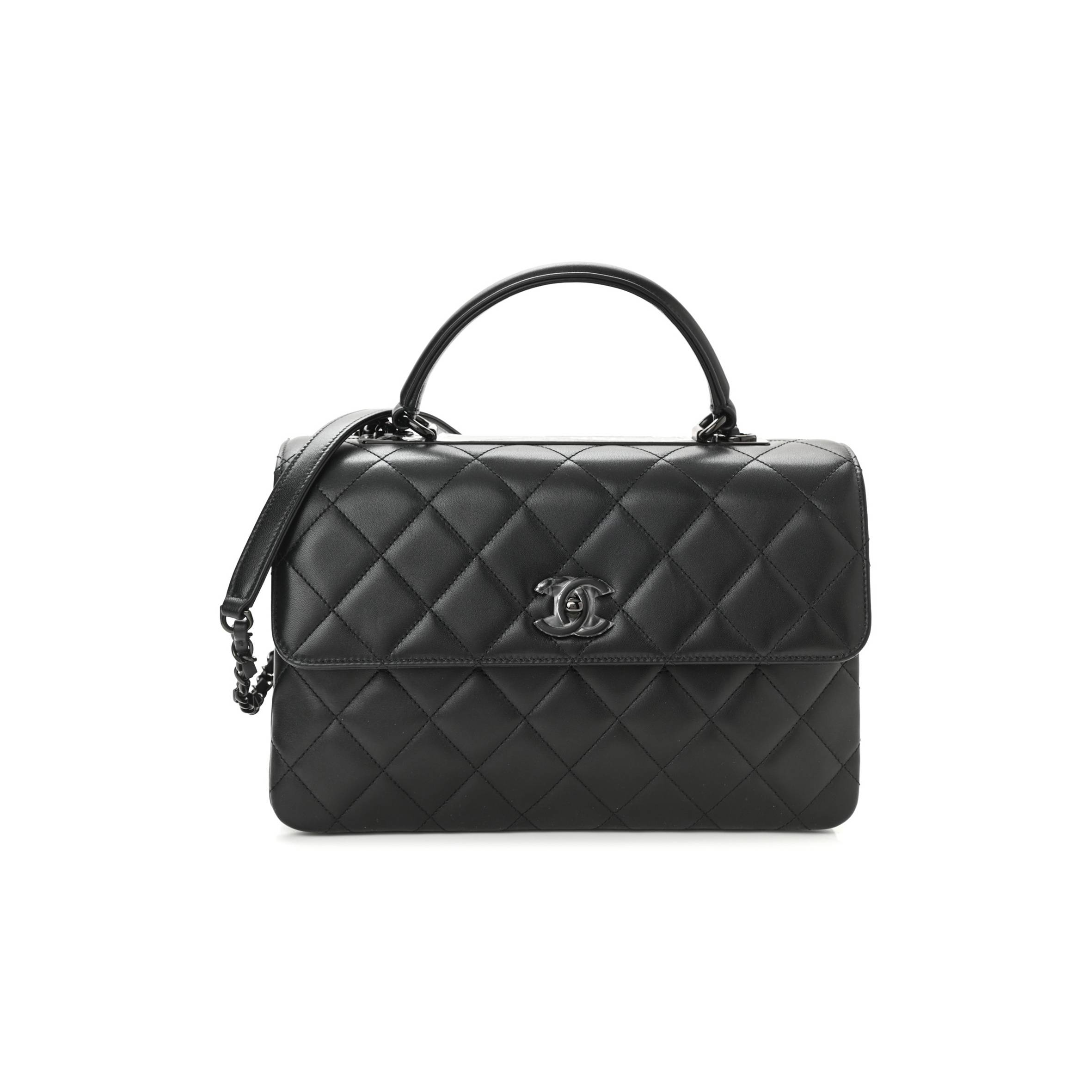 CHANEL LAMBSKIN QUILTED MEDIUM TRENDY CC DUAL HANDLE FLAP BAG SO BLACK BLACK HARDWARE 