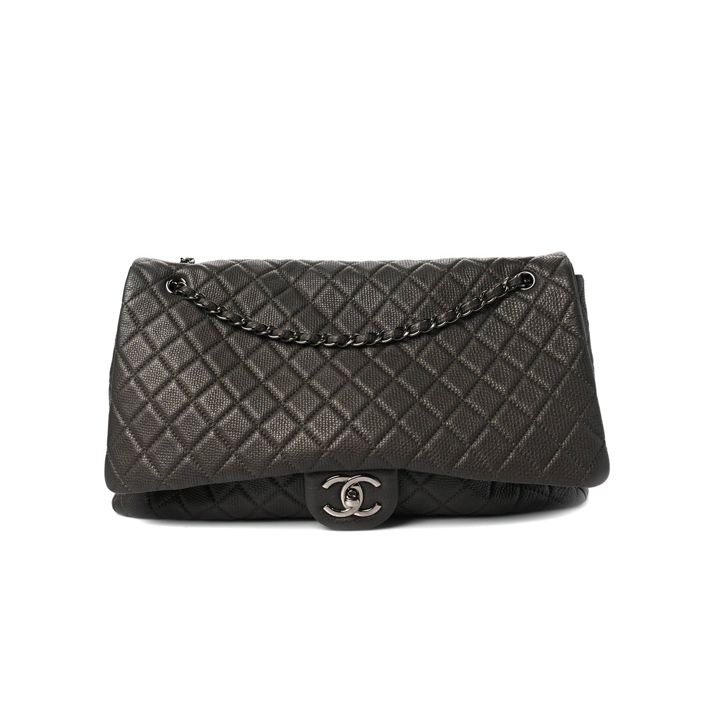 CHANEL CALFSKIN QUILTED XXL TRAVEL FLAP BAG KHAKI SILVER HARDWARE CHANEL CALFSKIN QUILTED XXL TRAVEL FLAP BAG KHAKI SILVER HARDWARE