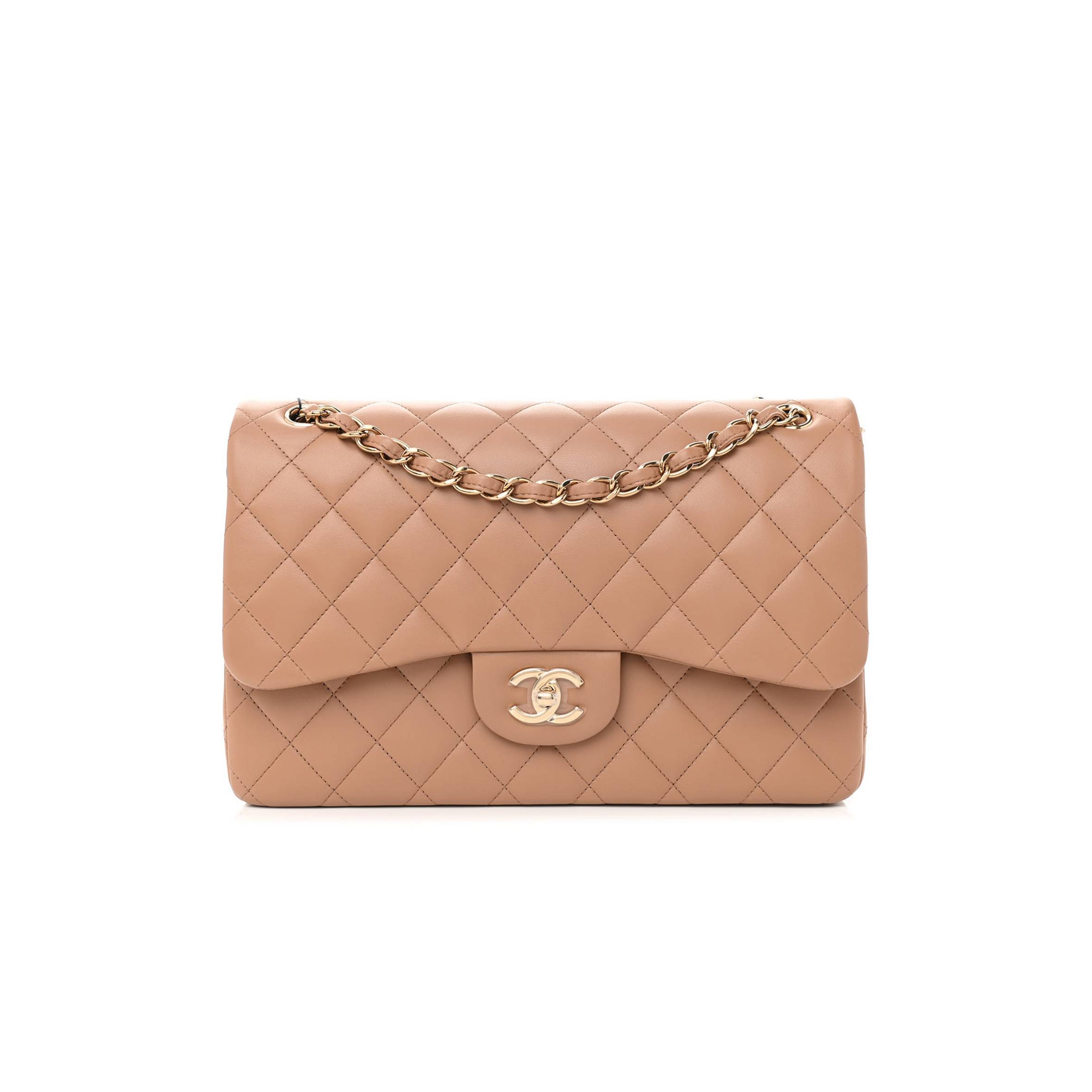 CHANEL LAMBSKIN QUILTED JUMBO DOUBLE FLAP DARK BEIGE ROSE GOLD HARDWARE CHANEL LAMBSKIN QUILTED JUMBO DOUBLE FLAP DARK BEIGE ROSE GOLD HARDWARE
