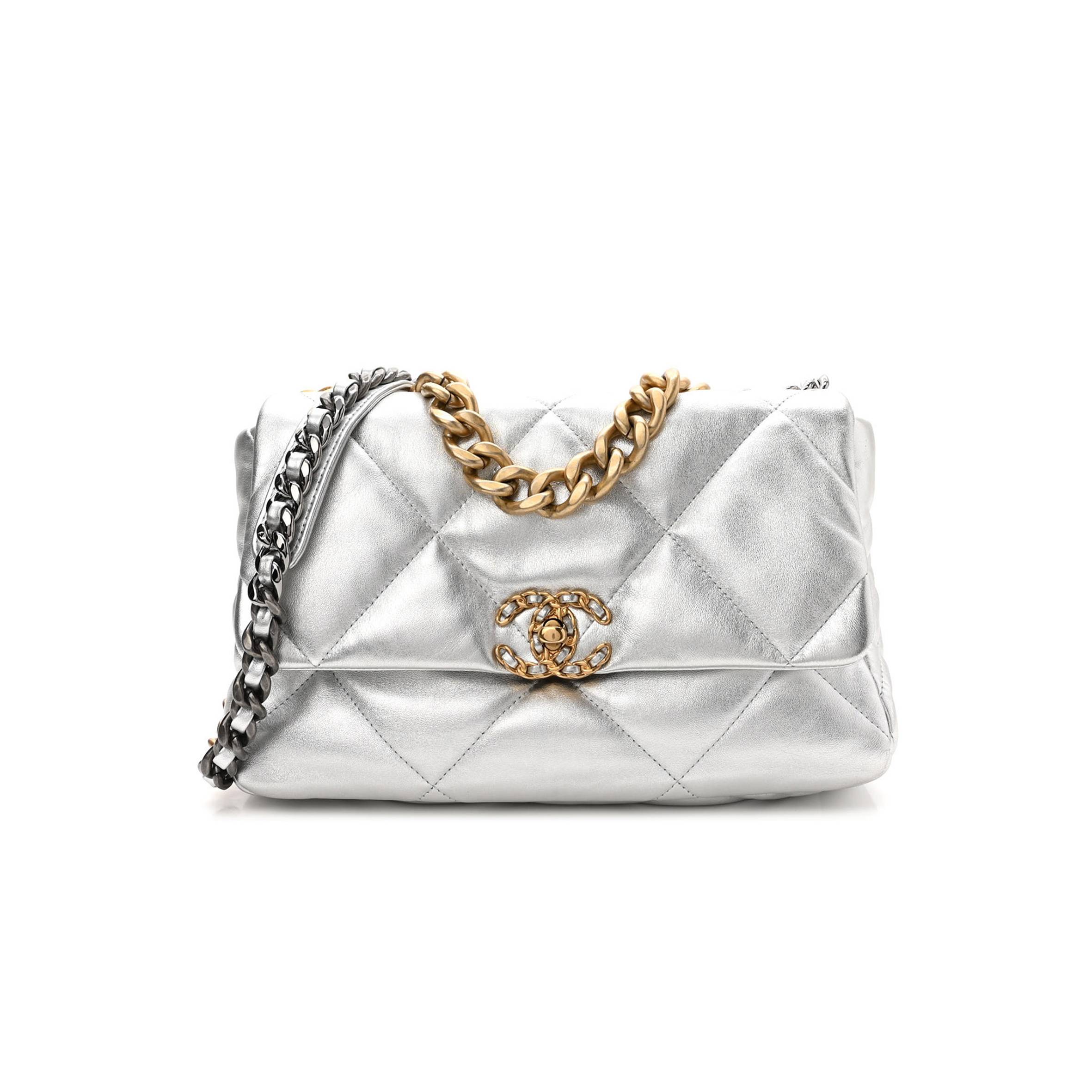 CHANEL METALLIC GOATSKIN QUILTED LARGE CHANEL 19 FLAP SILVER GOLD HARDWARE CHANEL METALLIC GOATSKIN QUILTED LARGE CHANEL 19 FLAP SILVER GOLD HARDWARE