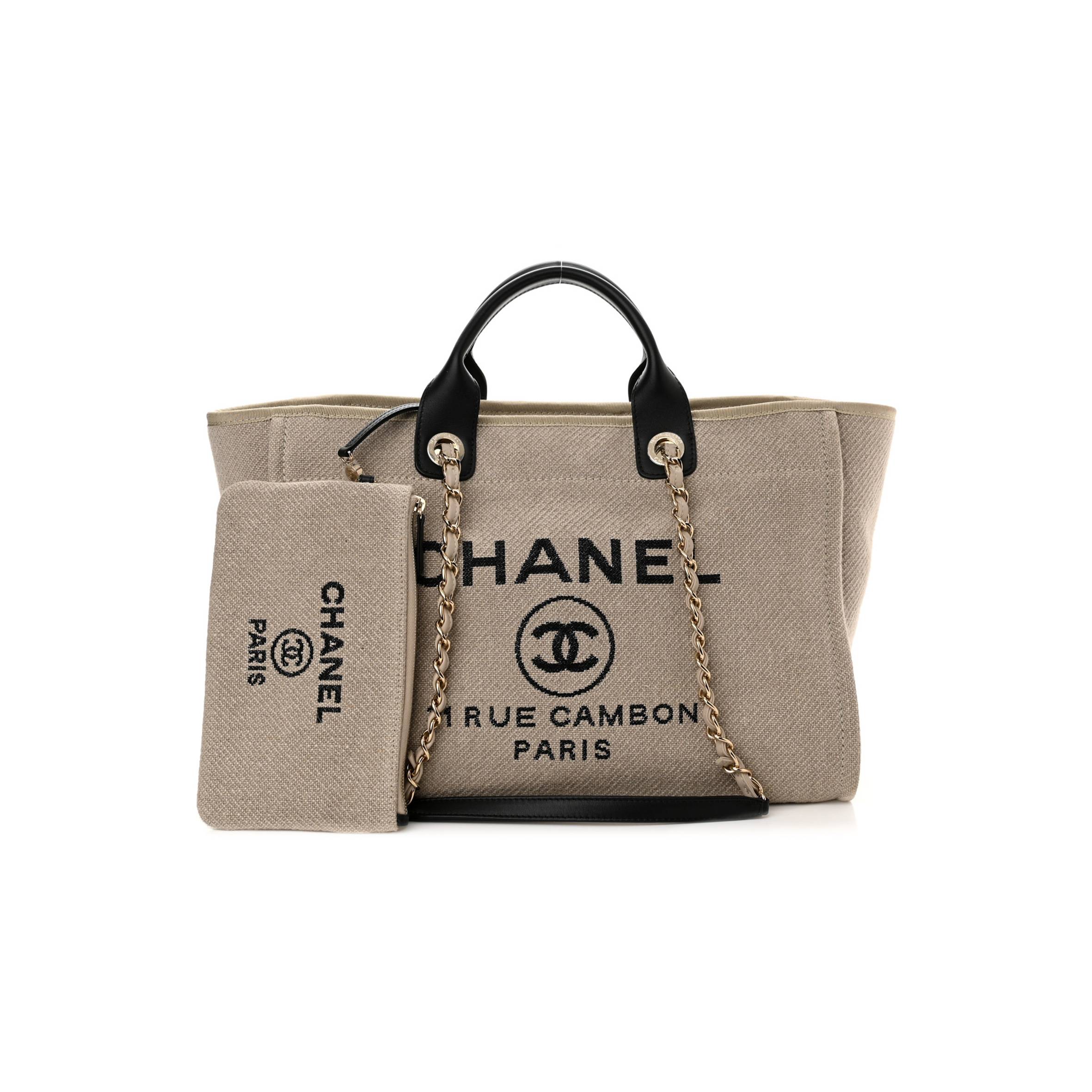 CHANEL MIXED FIBERS MEDIUM DEAUVILLE TOTE BEIGE BLACK CHANEL MIXED FIBERS MEDIUM DEAUVILLE TOTE BEIGE BLACK