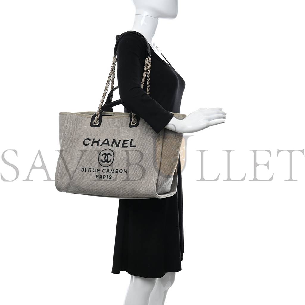CHANEL MIXED FIBERS MEDIUM DEAUVILLE TOTE BEIGE BLACK CHANEL MIXED FIBERS MEDIUM DEAUVILLE TOTE BEIGE BLACK