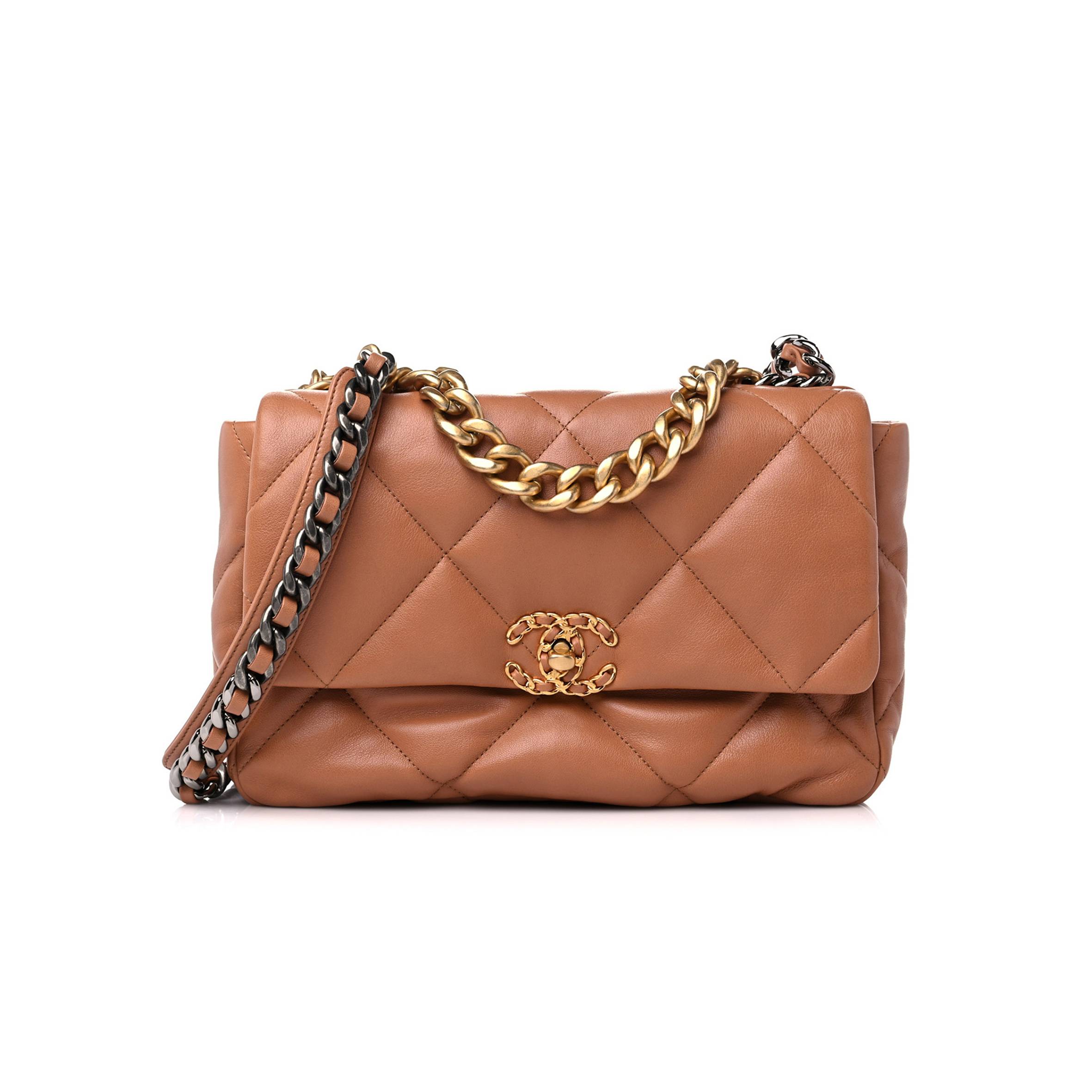 CHANEL LAMBSKIN QUILTED LARGE CHANEL 19 FLAP BROWN GOLD HARDWARE CHANEL LAMBSKIN QUILTED LARGE CHANEL 19 FLAP BROWN GOLD HARDWARE