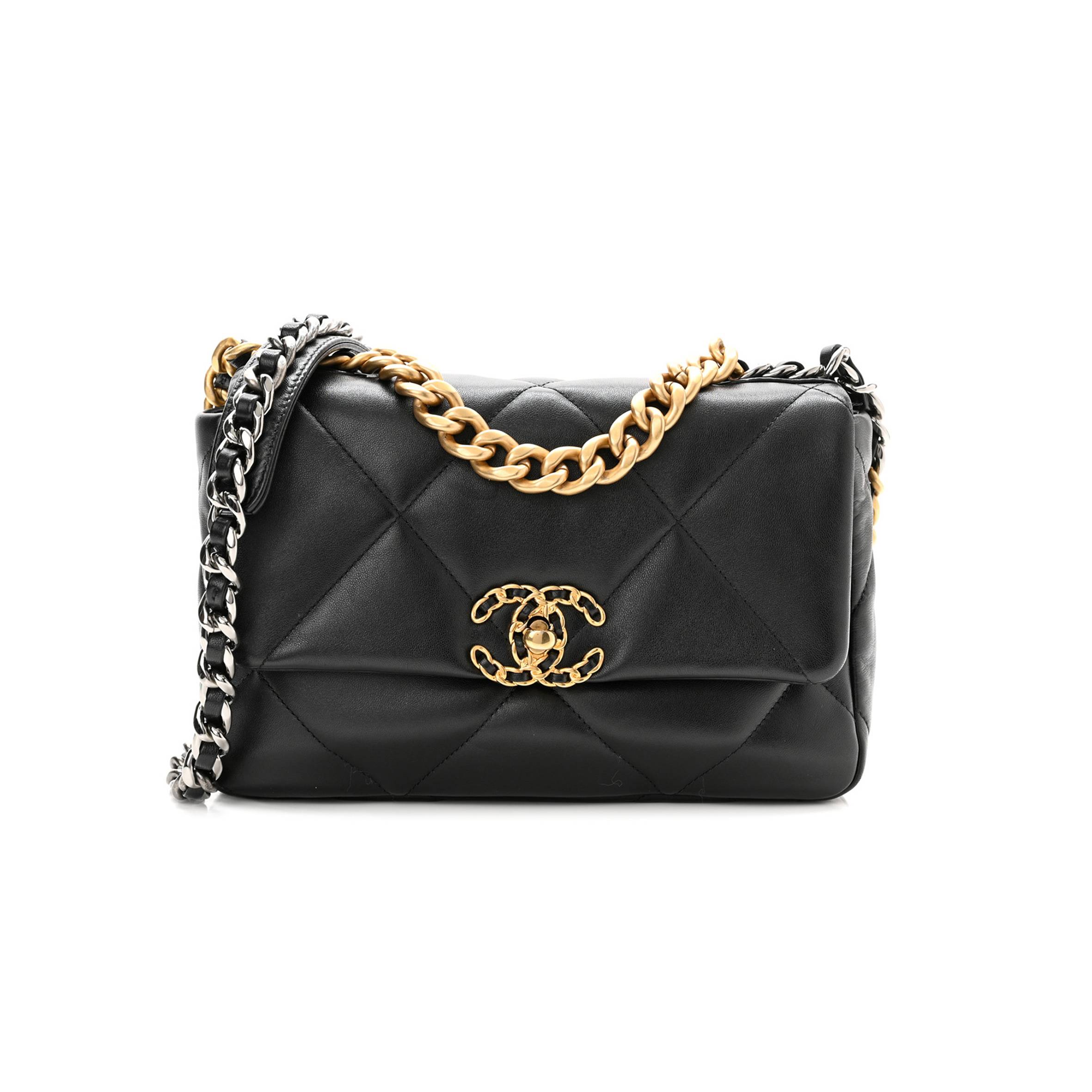 CHANEL LAMBSKIN QUILTED MEDIUM CHANEL 19 FLAP BLACK GOLD HARDWARE
