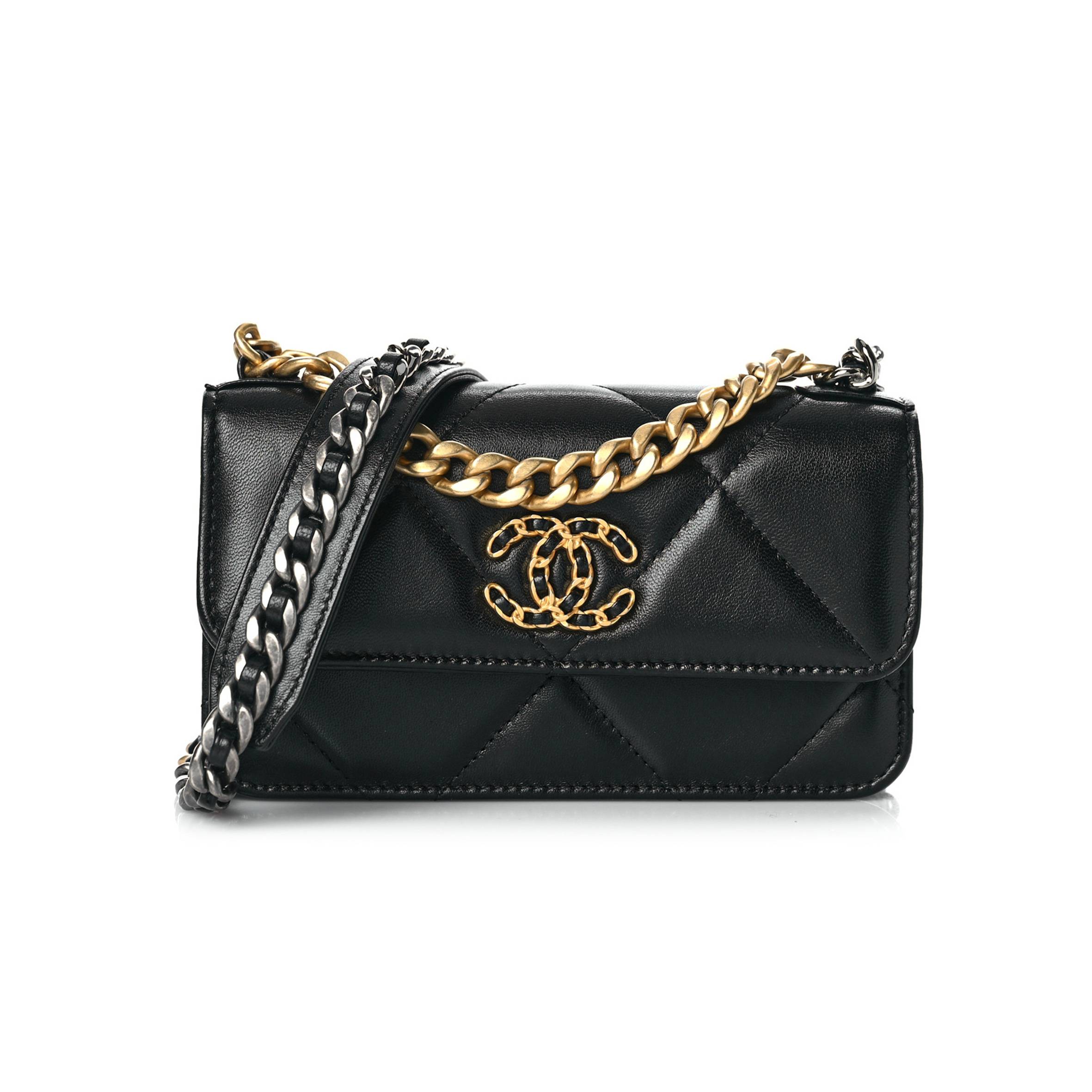 CHANEL LAMBSKIN QUILTED CHANEL 19 FLAP PHONE HOLDER WITH CHAIN BLACK GOLD HARDWARE CHANEL LAMBSKIN QUILTED CHANEL 19 FLAP PHONE HOLDER WITH CHAIN BLACK GOLD HARDWARE