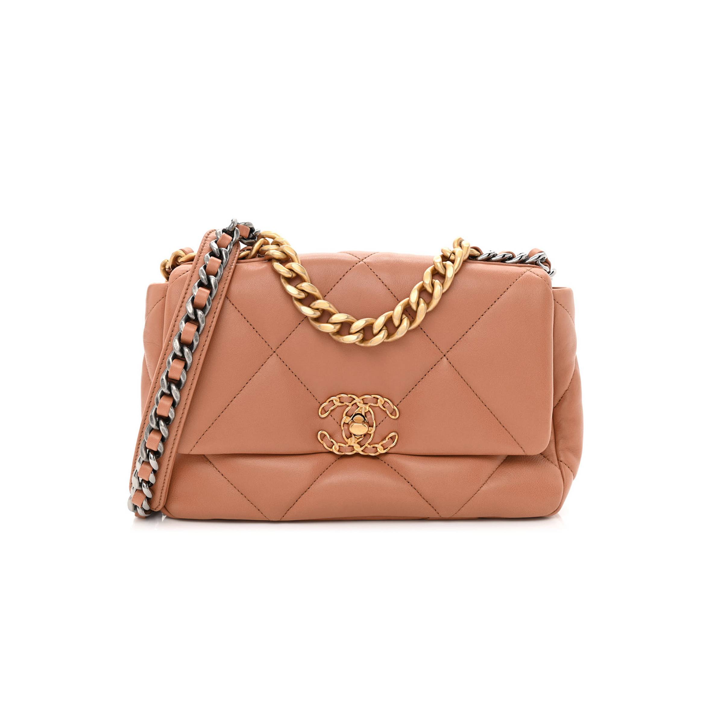 CHANEL LAMBSKIN QUILTED MEDIUM CHANEL 19 FLAP BROWN GOLD HARDWARE