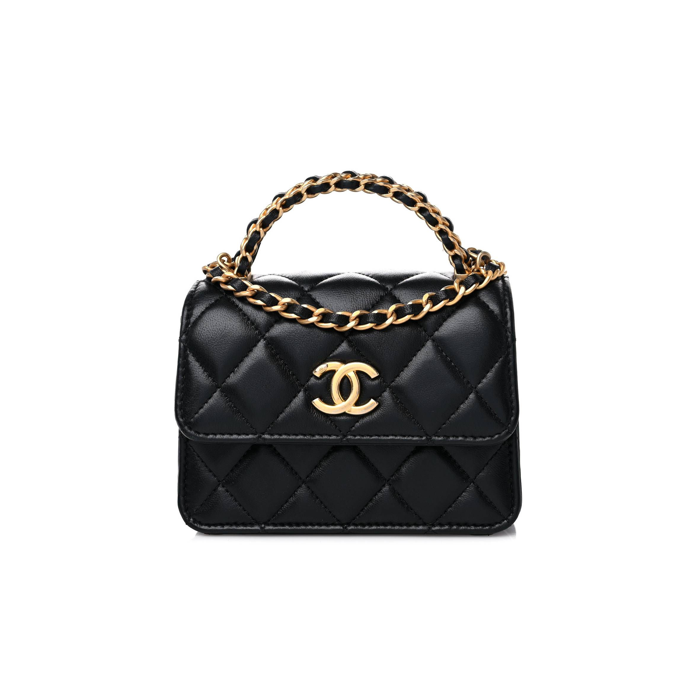 CHANEL LAMBSKIN QUILTED CHAIN TOP HANDLE CLUTCH WITH CHAIN BLACK GOLD HARDWARE CHANEL LAMBSKIN QUILTED CHAIN TOP HANDLE CLUTCH WITH CHAIN BLACK GOLD HARDWARE