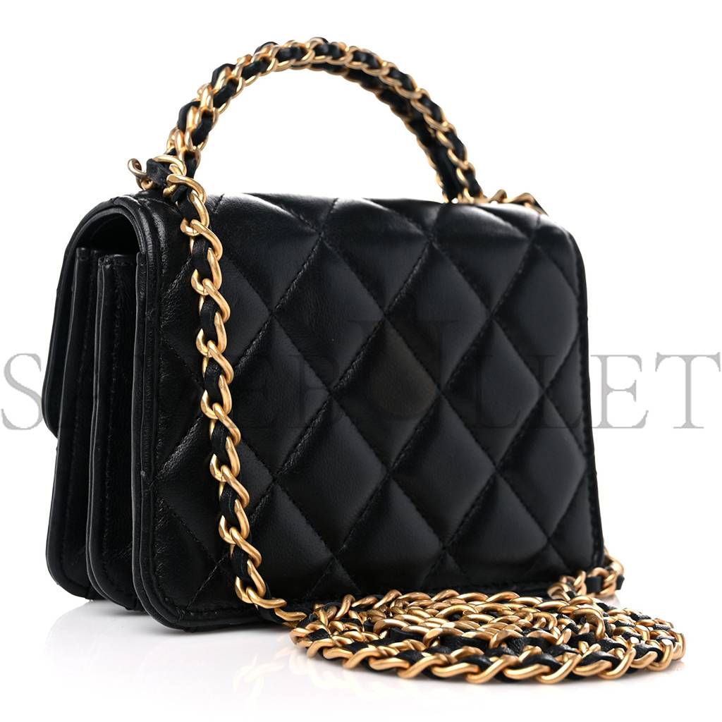 CHANEL LAMBSKIN QUILTED CHAIN TOP HANDLE CLUTCH WITH CHAIN BLACK GOLD HARDWARE CHANEL LAMBSKIN QUILTED CHAIN TOP HANDLE CLUTCH WITH CHAIN BLACK GOLD HARDWARE