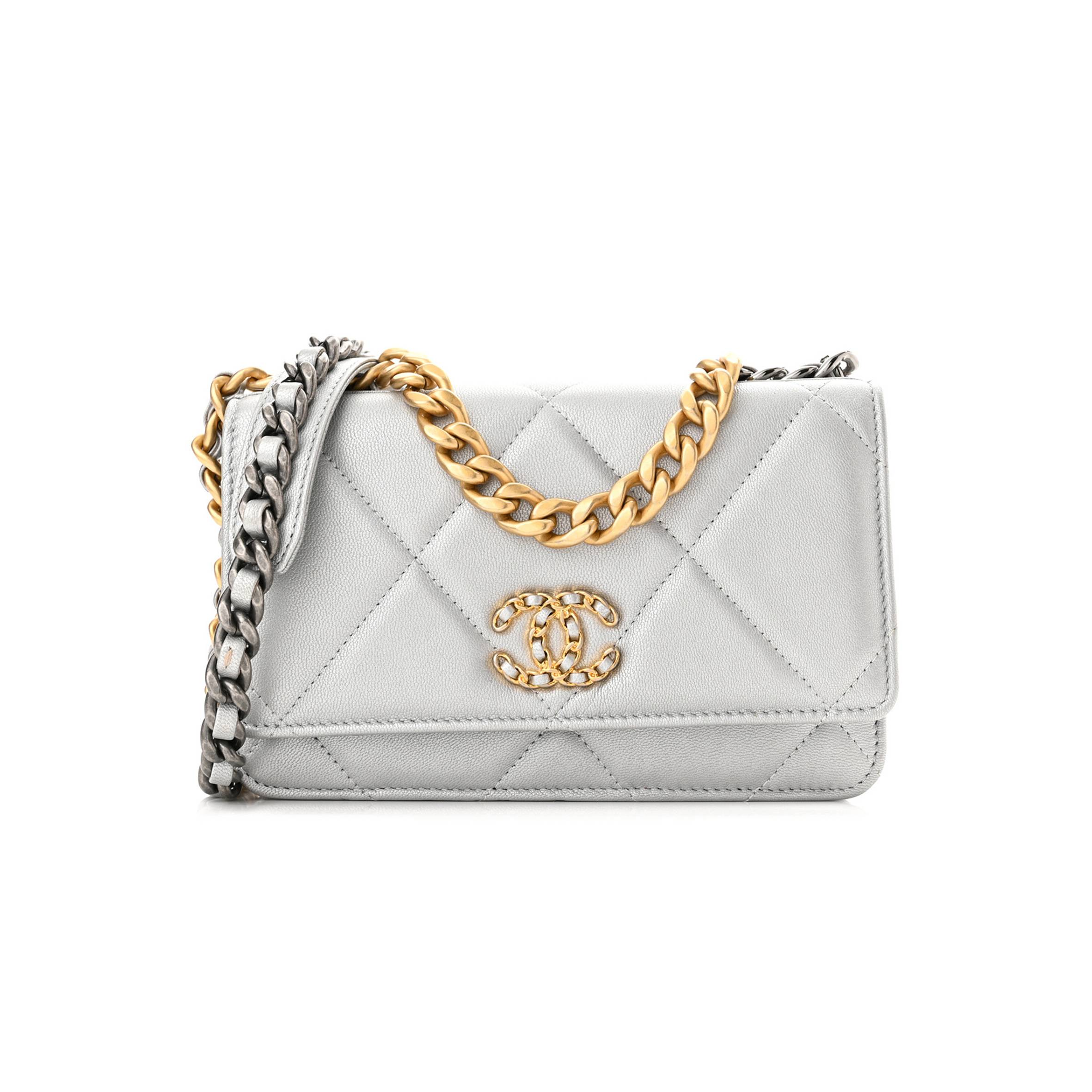CHANEL METALLIC LAMBSKIN QUILTED CHANEL 19 WALLET ON CHAIN WOC SILVER CHANEL METALLIC LAMBSKIN QUILTED CHANEL 19 WALLET ON CHAIN WOC SILVER