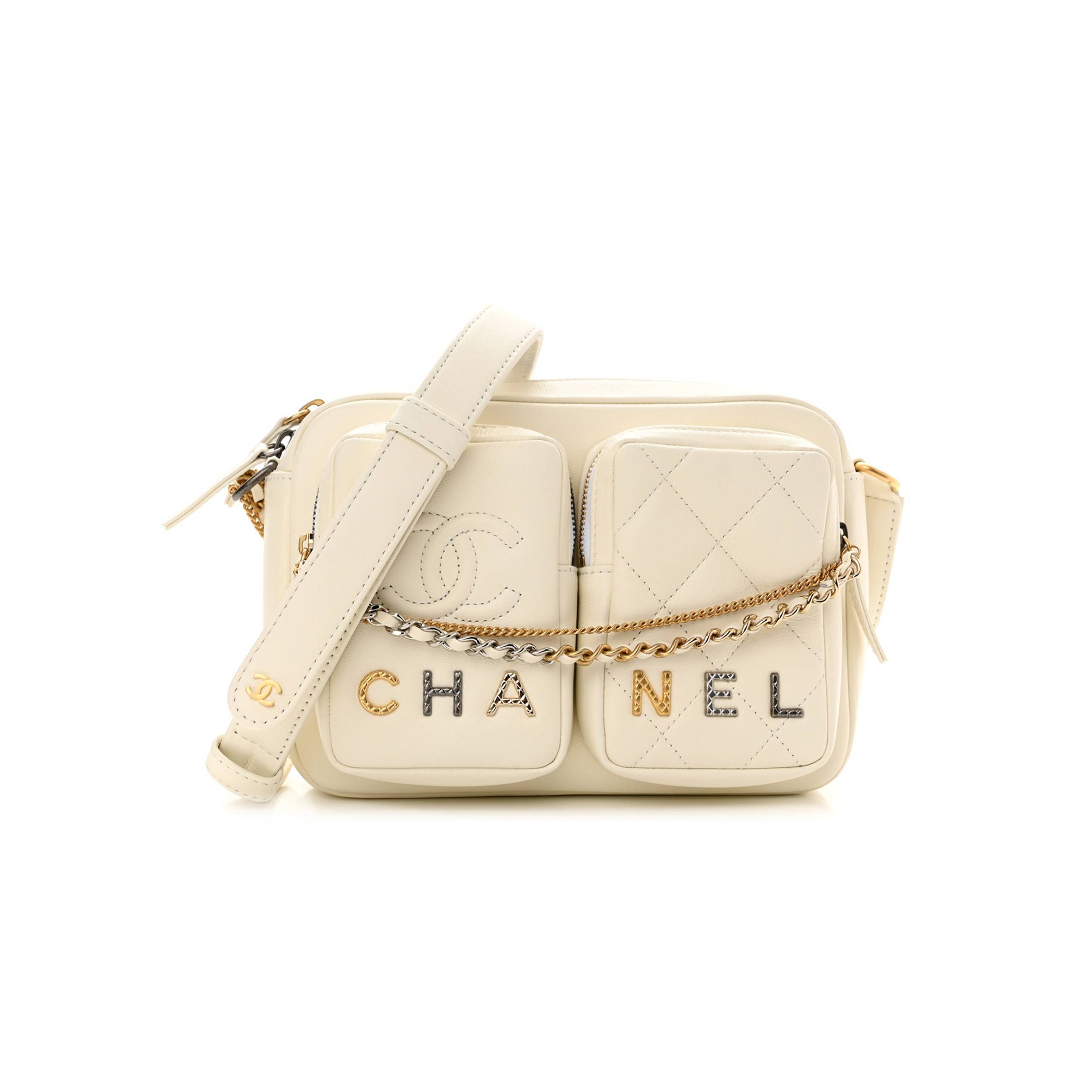 CHANEL CALFSKIN QUILTED SMALL CAMERA CASE WHITE GOLD HARDWARE CHANEL CALFSKIN QUILTED SMALL CAMERA CASE WHITE GOLD HARDWARE
