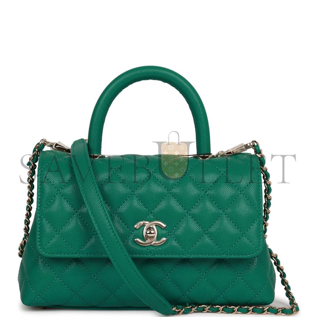 CHANEL SMALL COCO HANDLE FLAP BAG GREEN CAVIAR LIGHT GOLD HARDWARE