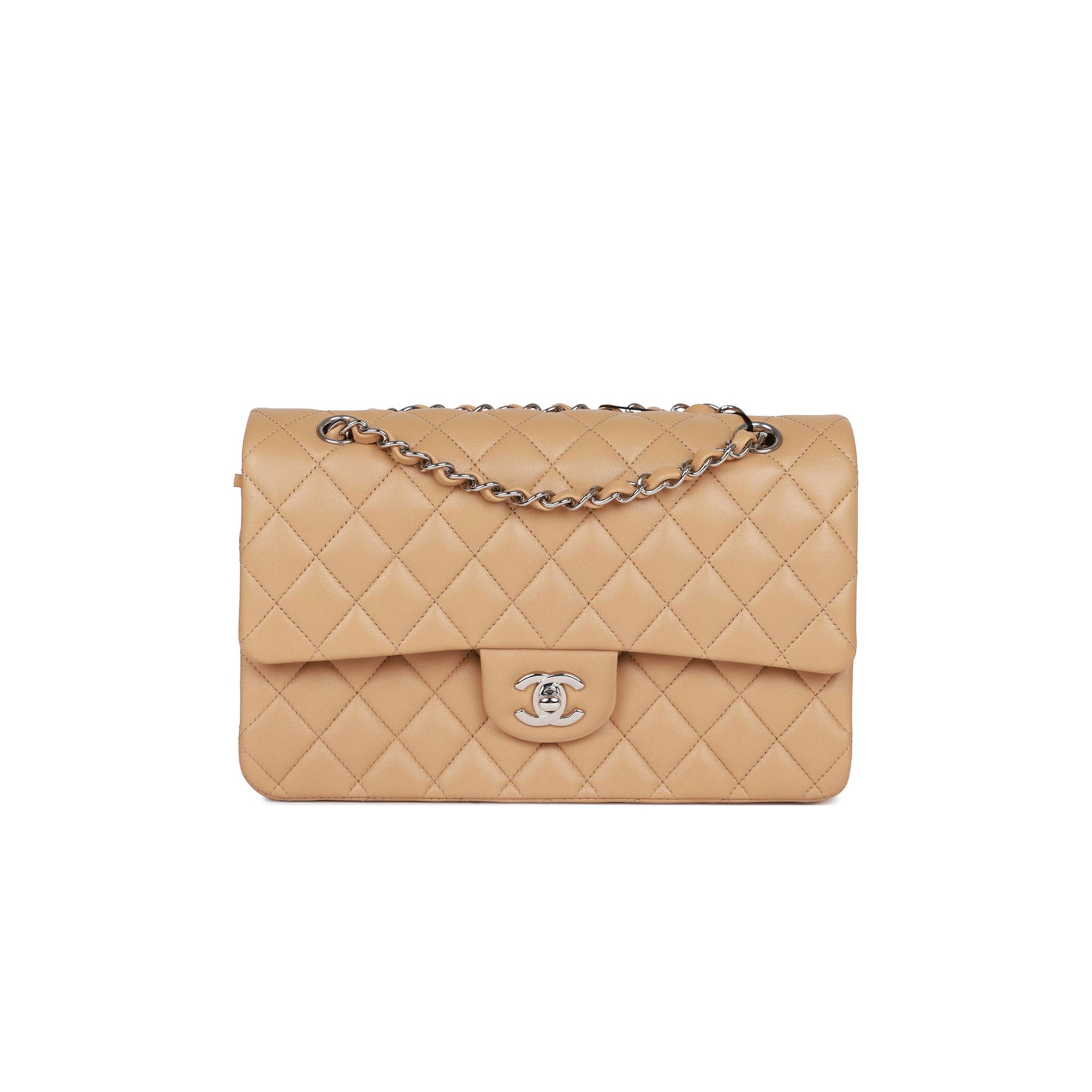 CHANEL MEDIUM CLASSIC DOUBLE FLAP BAG BEIGE LAMBSKIN SILVER HARDWARE CHANEL MEDIUM CLASSIC DOUBLE FLAP BAG BEIGE LAMBSKIN SILVER HARDWARE